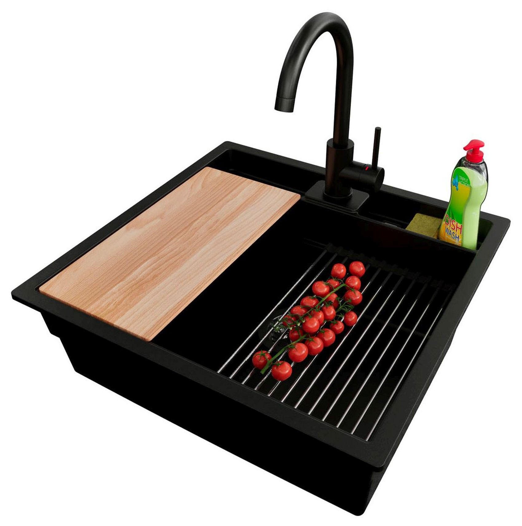 UNTERBAUSPÜLE GRANIT Bergen Pocket, 2-er set Schwarz 56/54 cm 1 Becken + Küchenarmatur 32/20 cm + Ablauf-Set + Küchenzubehörset ab 60er Unterschrank - Chromfarben/Beige, Kunststoff (56/20/54cm) - Primagran