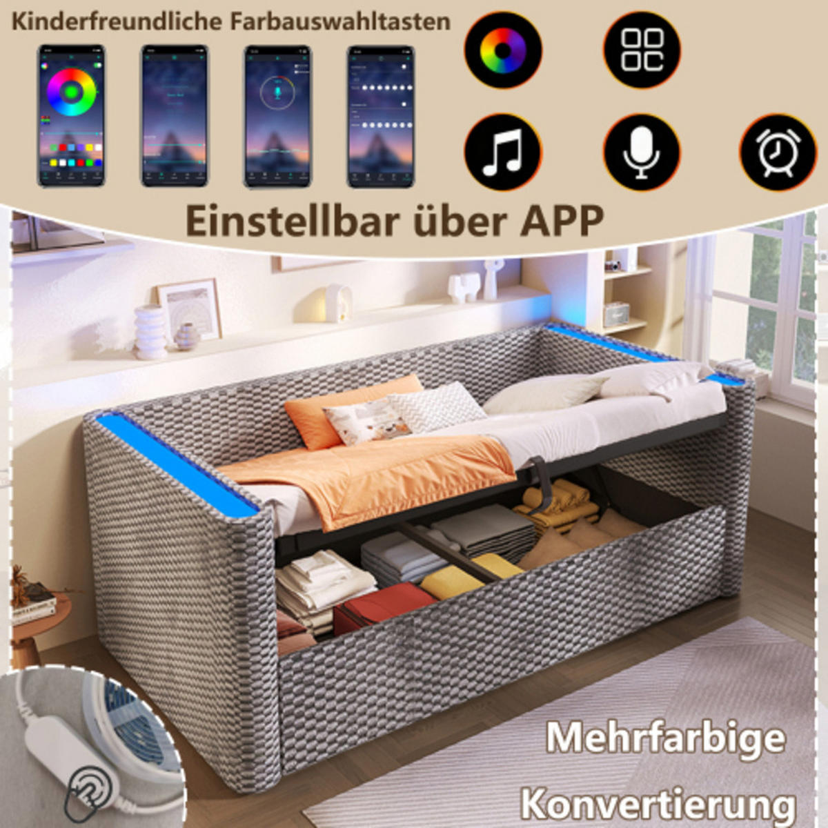 SCHLAFSOFA 90 × 200 cm aus Samt mit hydraulischem Stauraum und App-steuerbarer LED-Leiste, grau - Grau, Textil (104/64/228cm) - Luhomfu