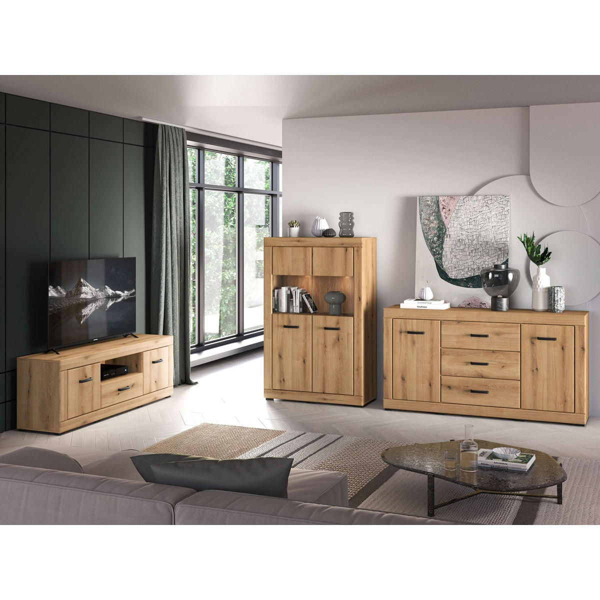 WOHNZIMMER Set 3-tlg. – Dora – Eichefarben - Eichefarben, Holzwerkstoff (92/144/40cm) - hi-markt