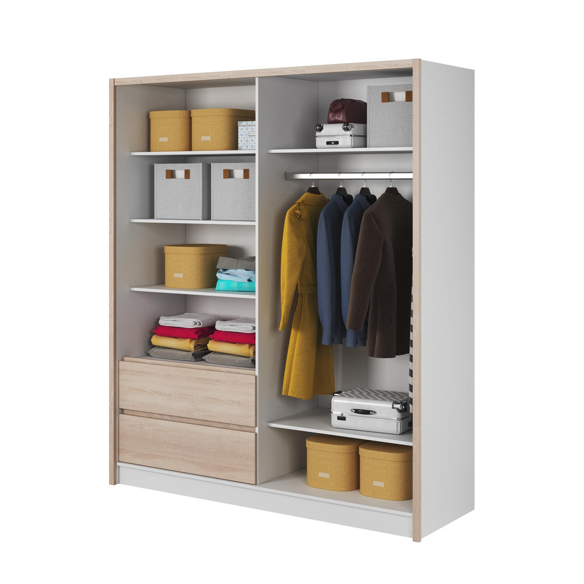 SCHWEBETÜRENSCHRANK SABRINA 184/214/62 cm 3-türig mit Spiegel Weiß - Weiß/Sonoma Eiche, Holzwerkstoff (184/214/62cm) - MASSENO