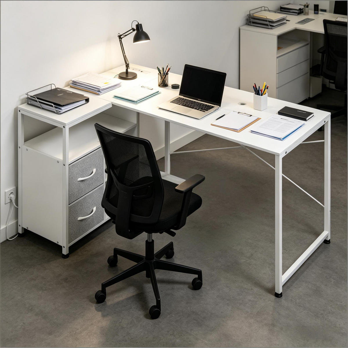 ECKSCHREIBTISCH Weiß 120/80/76 cm mit Stromanschluss USB Typ-C & Stoffschubladen - Weiß, Metall (120/80/76cm) - PANGIVO
