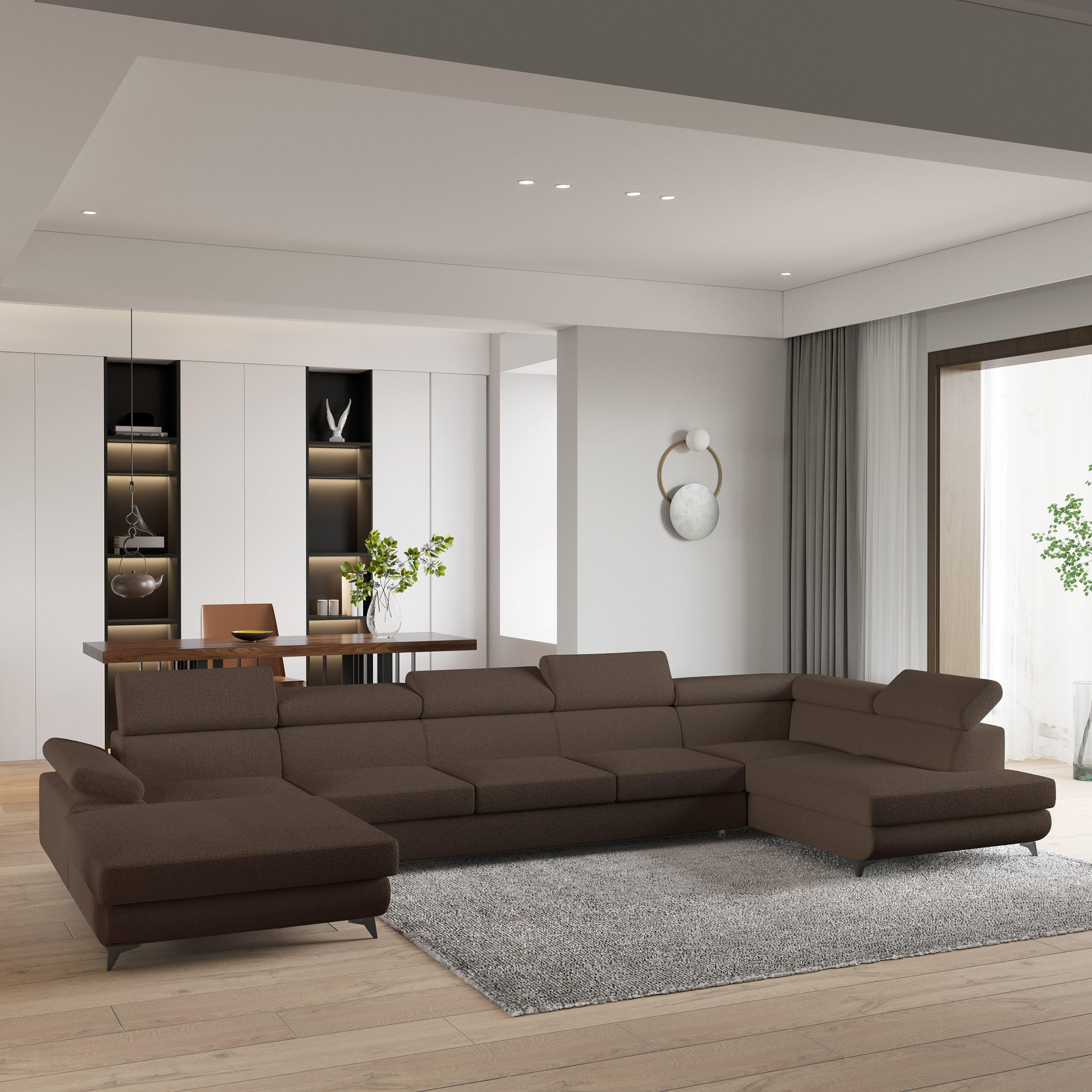 WOHNLANDSCHAFT MONTIVA Braun Boucle-Stoff mit Schlaffunktion - Braun, Holz (410/89/190cm) - MASSENO