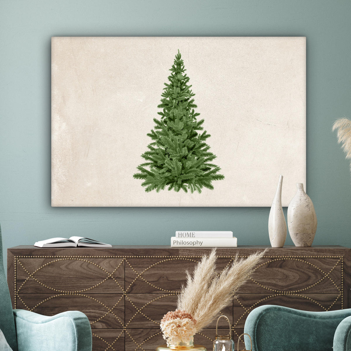 LEINWANDBILD Weihnachtsbaum - Grün - Weihnachten - Feiertage Groß 140x90 cm - Olivgrün, Textil (140/90cm) - MuchoWow