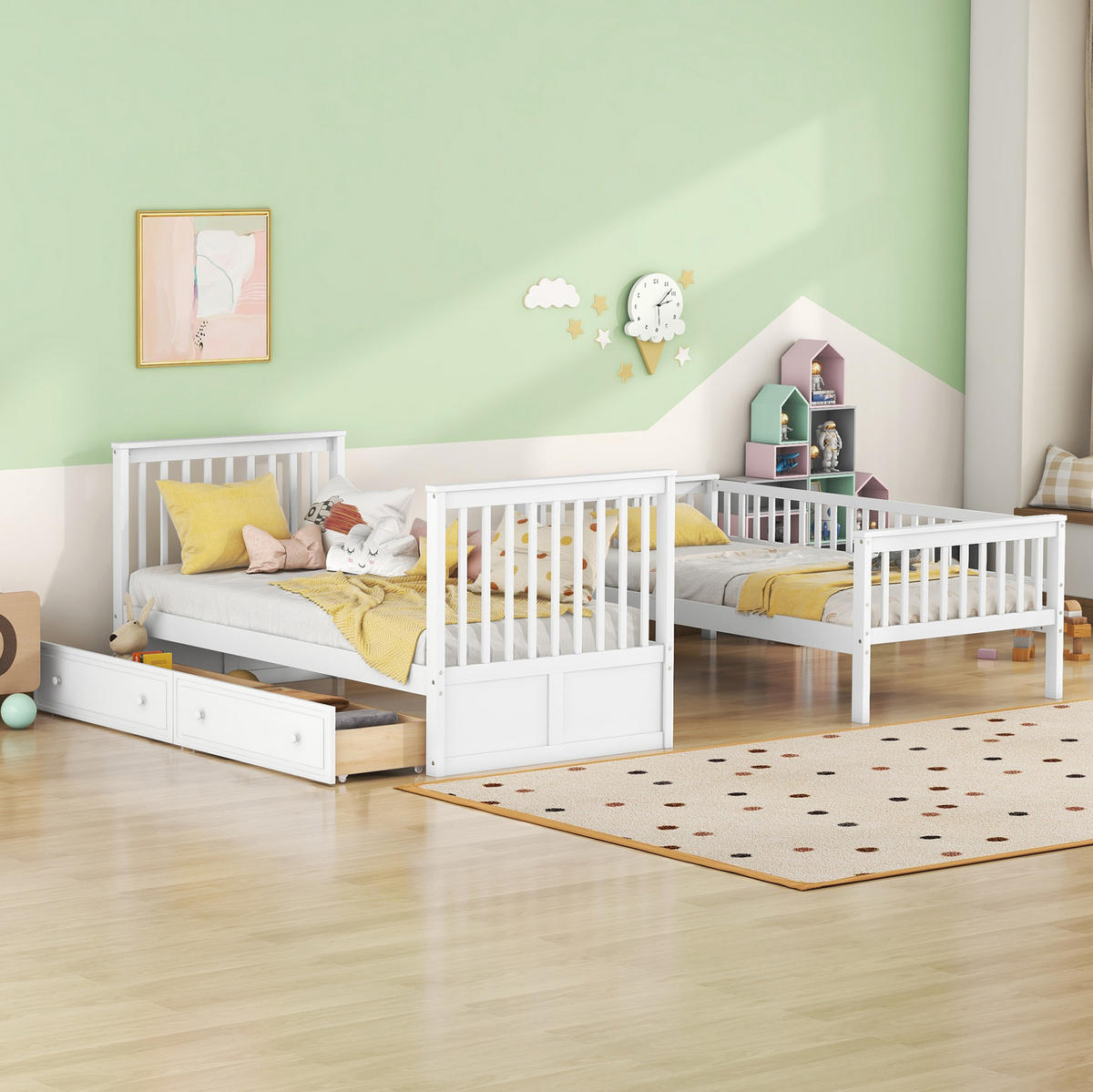 KATNI krevet od borovine 90x200 cm bijela, pretvara se u 2 kreveta s 2 ladice - bijela, drvni materijal (140/200cm) - Modfu