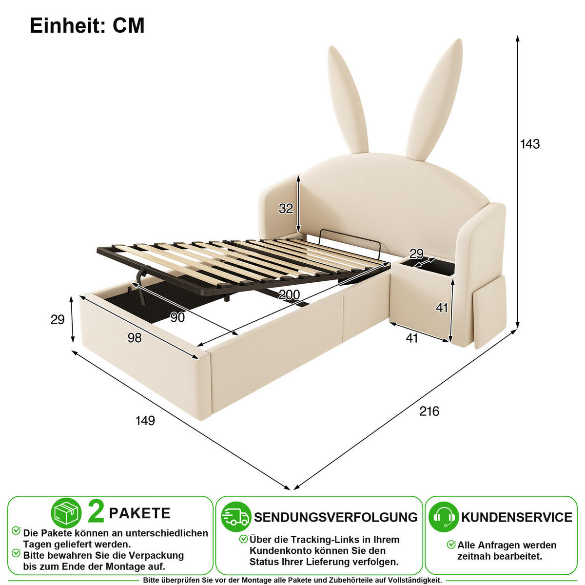 JUGENDBETT 90/200 cm in Beige mit Bettkasten und Nachttisch aus Samt - Beige, Holzwerkstoff/Textil (90/200cm) - CHICFURN