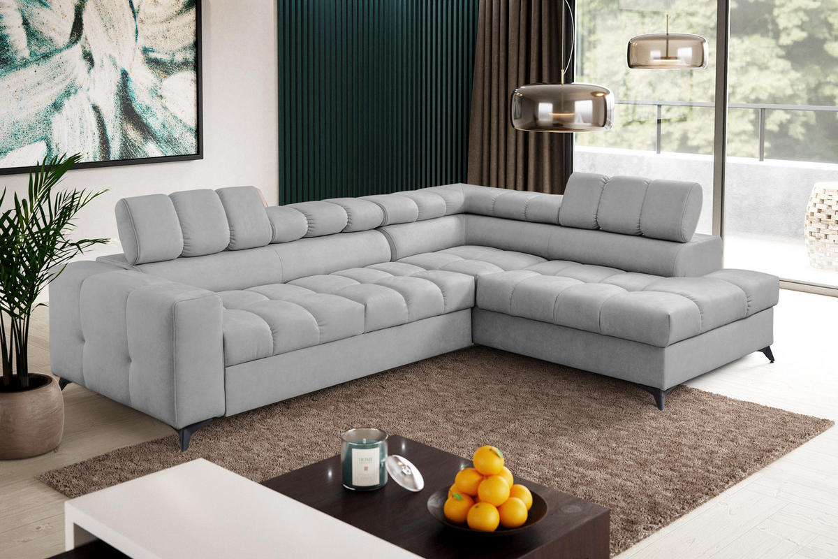 ECKSOFA Andrea L-Form mit verstellbaren Kopfstützen Schlaffunktion Bettkasten 267 cm rechts hellgrau - Hellgrau, Kunststoff (267/106cm) - Margaret Hadas24