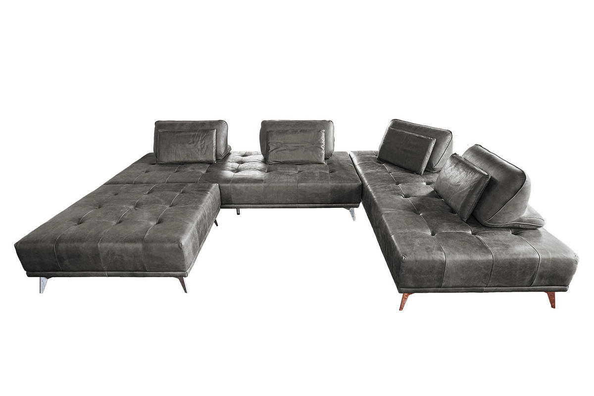 MODULSOFA MIT HOCKER WIOLO Grau Leder - Silberfarben/Grau, Leder (350/83/240cm) - KAWOLA