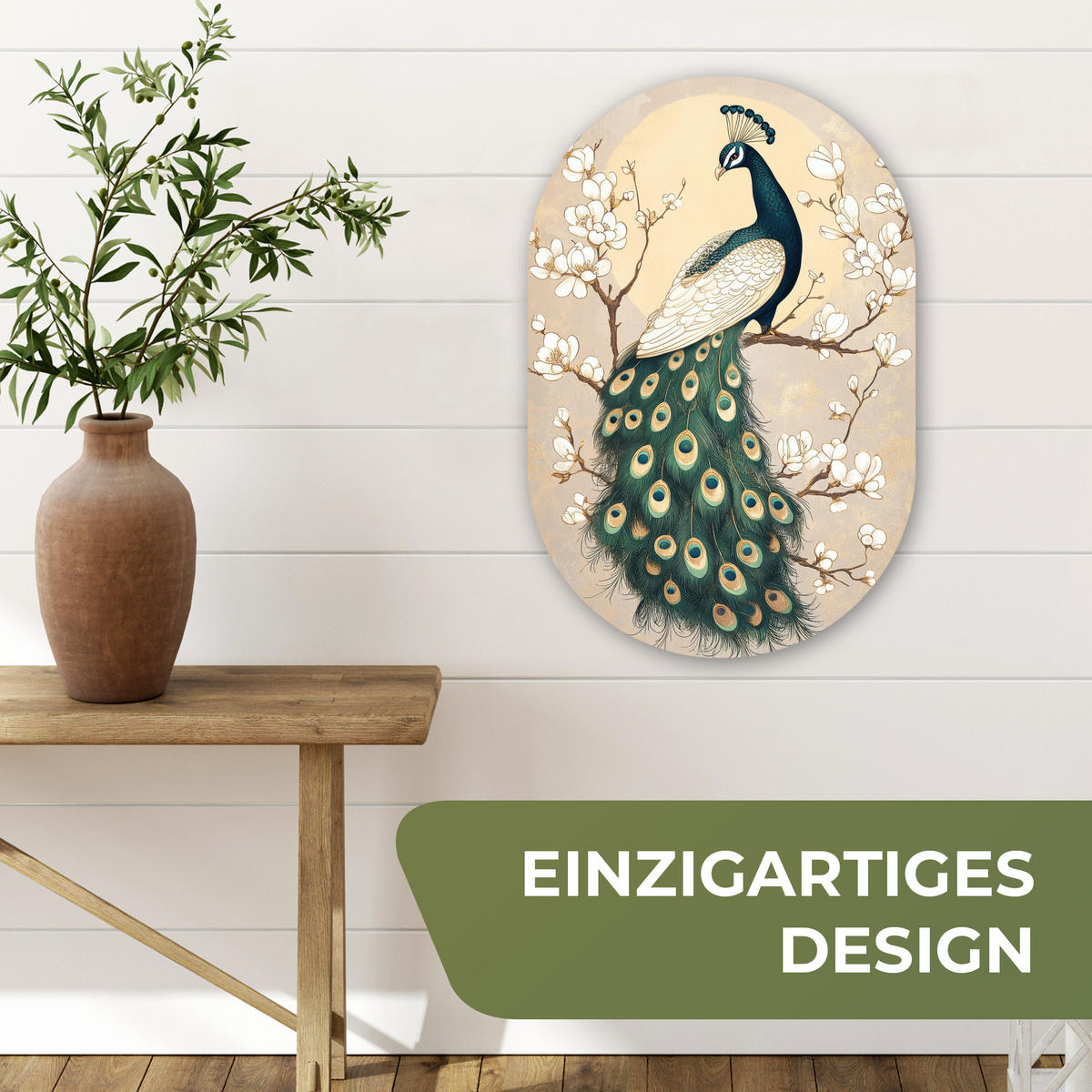 WANDBILD Pfau - Zweig - Blumen 40x60 cm - Champagner, Kunststoff (40/60cm) - MuchoWow