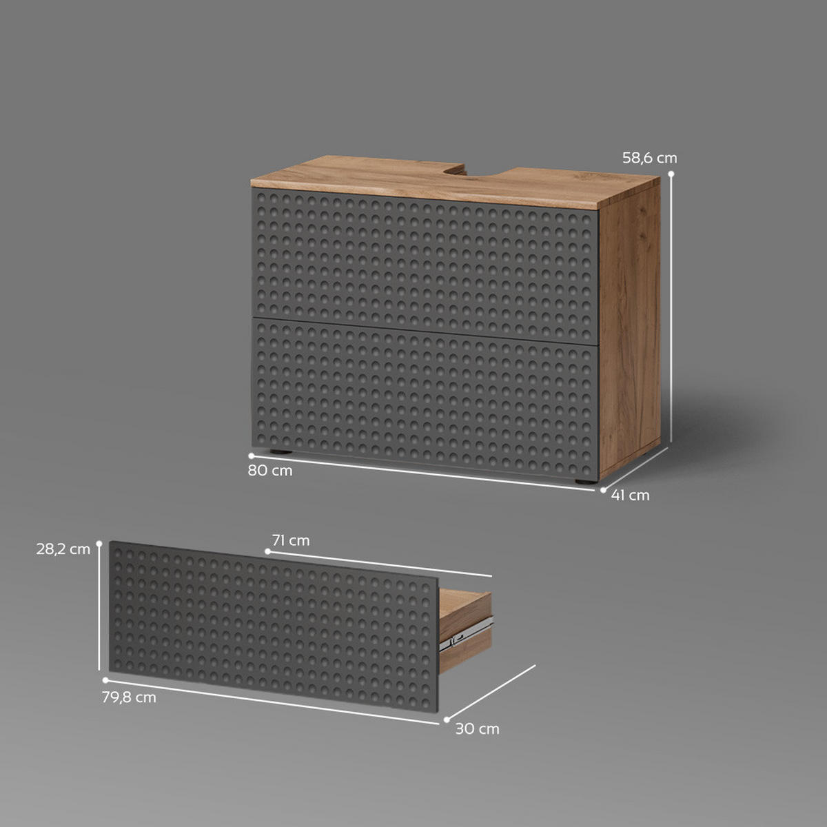 WASCHBECKENUNTERSCHRANK Ronco Anthrazit gepunktet 80 x 58.6 cm mit 2 Schubladen - Eichefarben/Anthrazit, Holzwerkstoff (80/58.6/41cm) - Livinity®