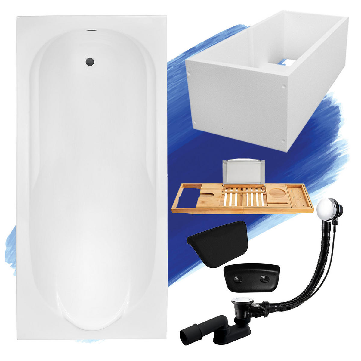 BADEWANNE Rechteck BONA 180/80 + Träger + Ablage + Kopfstütze Ablauf Füße - Weiß, Kunststoff (80/58.5/180cm) - bad land