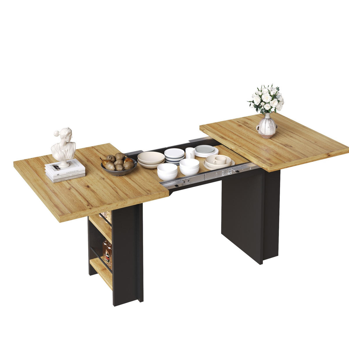 AUSZIEHTISCH aus MDF 120-160x80x75 cm Naturfarben mit Regalen, Stauraum und verstellbarer Tischplatte - Braun, Holzwerkstoff (120/80/75cm) - Modfu