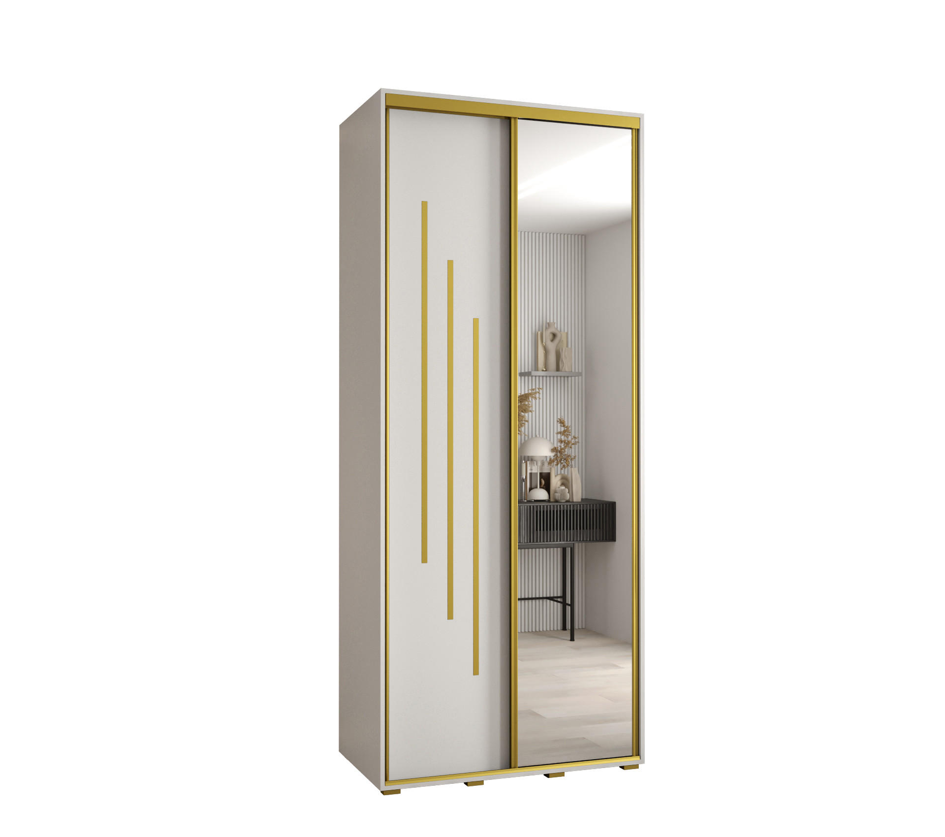 Abiks Möbel Schwebetürenschrank Weiß, Weiß, Gold 110x235x45 cm
