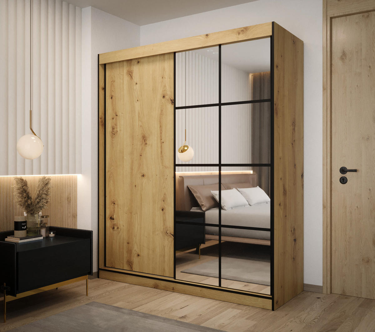 SCHIEBETÜRENSCHRANK MODENA 2 180, 2-türig Kleiderschrank mit 1 Spiegel, Moderne Garderobe, Schrank in Größe: 180 x 216 x 65 cm - Schwarz/Braun, Holzwerkstoff (180/216/65cm) - O-Sofa