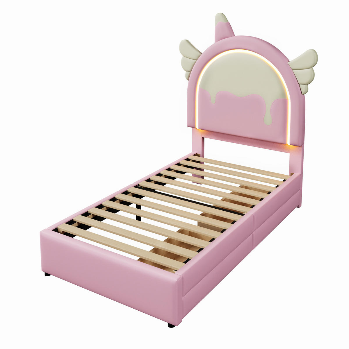 POLSTERBETT mit Leuchtleiste und 2 Schubladen 90x200 cm PU Rosa - Pink, Holzwerkstoff (90/200cm) - Beauniv