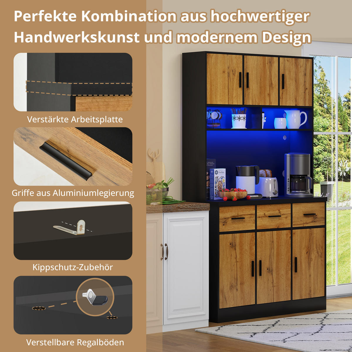 KÜCHENBUFFET in Schwarz und Naturfarbe Küchenschrank mit LED und Schubladen für Küchen und Esszimmer, B100/T40/H180 cm - Naturfarben, Holzwerkstoff (100/180/40cm) - STILVORA