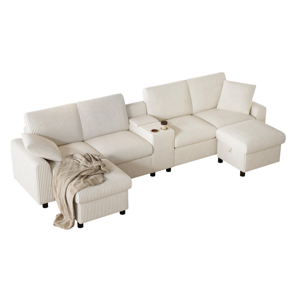 WOHNLANDSCHAFT Corduroy Beige mit 2 Hockern und Tisch mit USB und Type-C-Anschlüssen 315/81/135 cm - Beige, Textil (315/81/135cm) - OKWISH