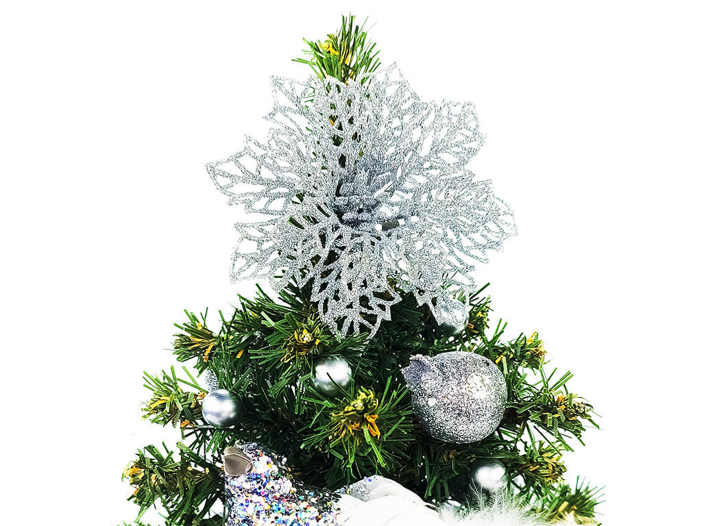 WEIHNACHTSBAUM künstlicher 25 cm, TINY 3, mit 16-teiligem Weihnachtsbaumschmuck, inkl. Metallständer und Aufbewahrungsbox - Silberfarben/Grün, Kunststoff/Stein (18/25cm) - LAALU