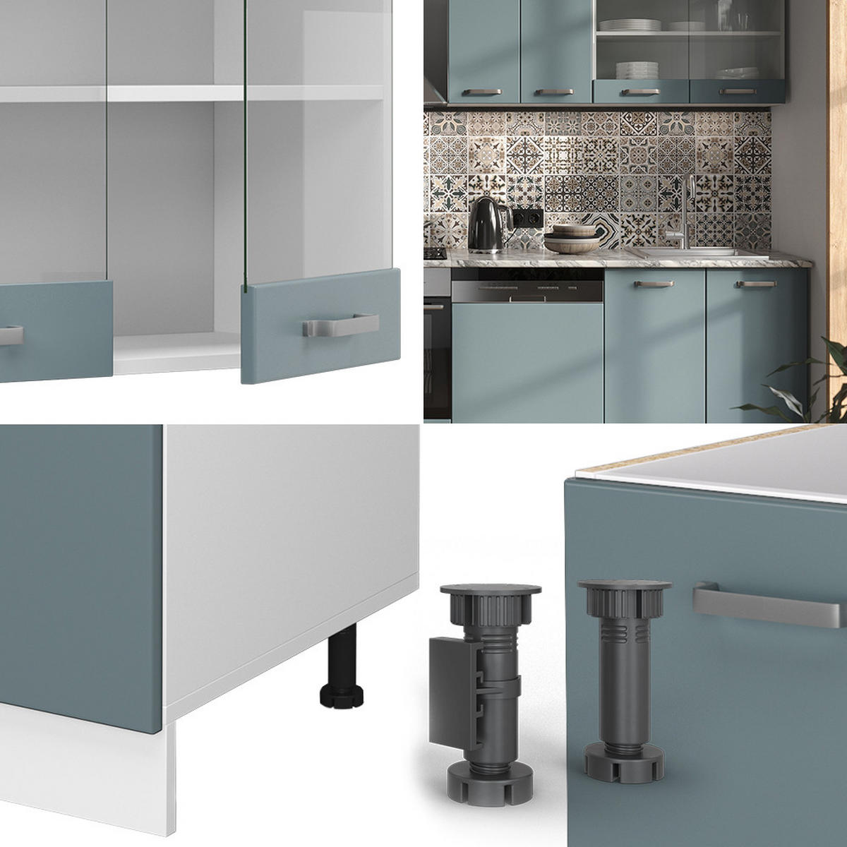KÜCHENZEILE R-Line Blau-Grau/Weiß 300 cm, AP Eiche - Blaugrau/Weiß, Holzwerkstoff (300/81.6/60cm) - Vicco
