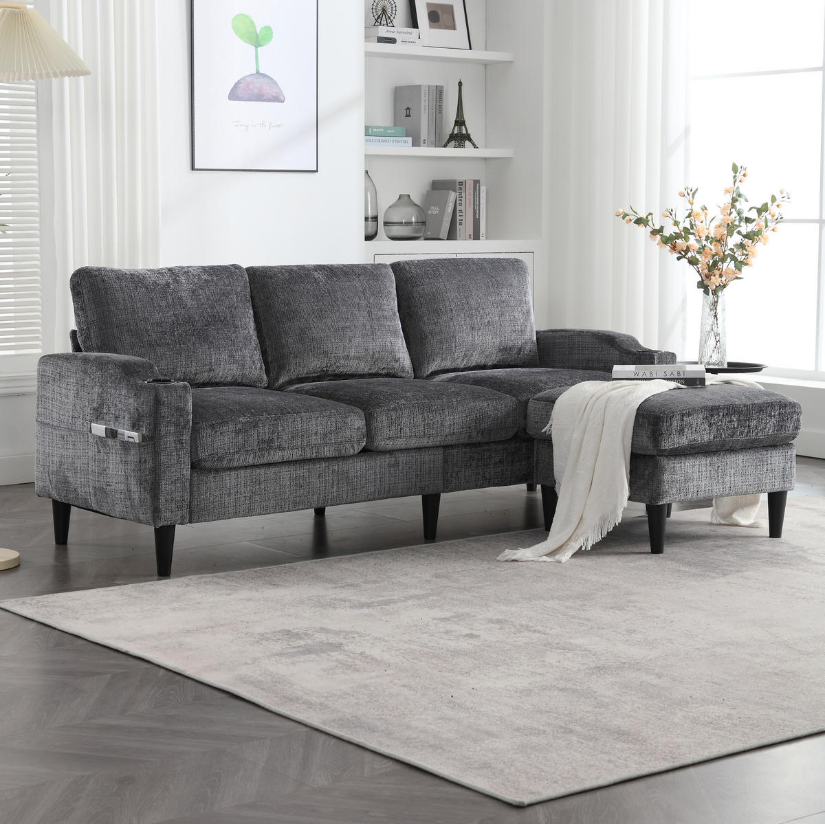 SOFA 4-Sitzer mit Hocker und Stauraum 196,5 x 75 x 77 cm Chenille Gray - Grau, Kunststoff (196.5/77/75cm) - Meubliv