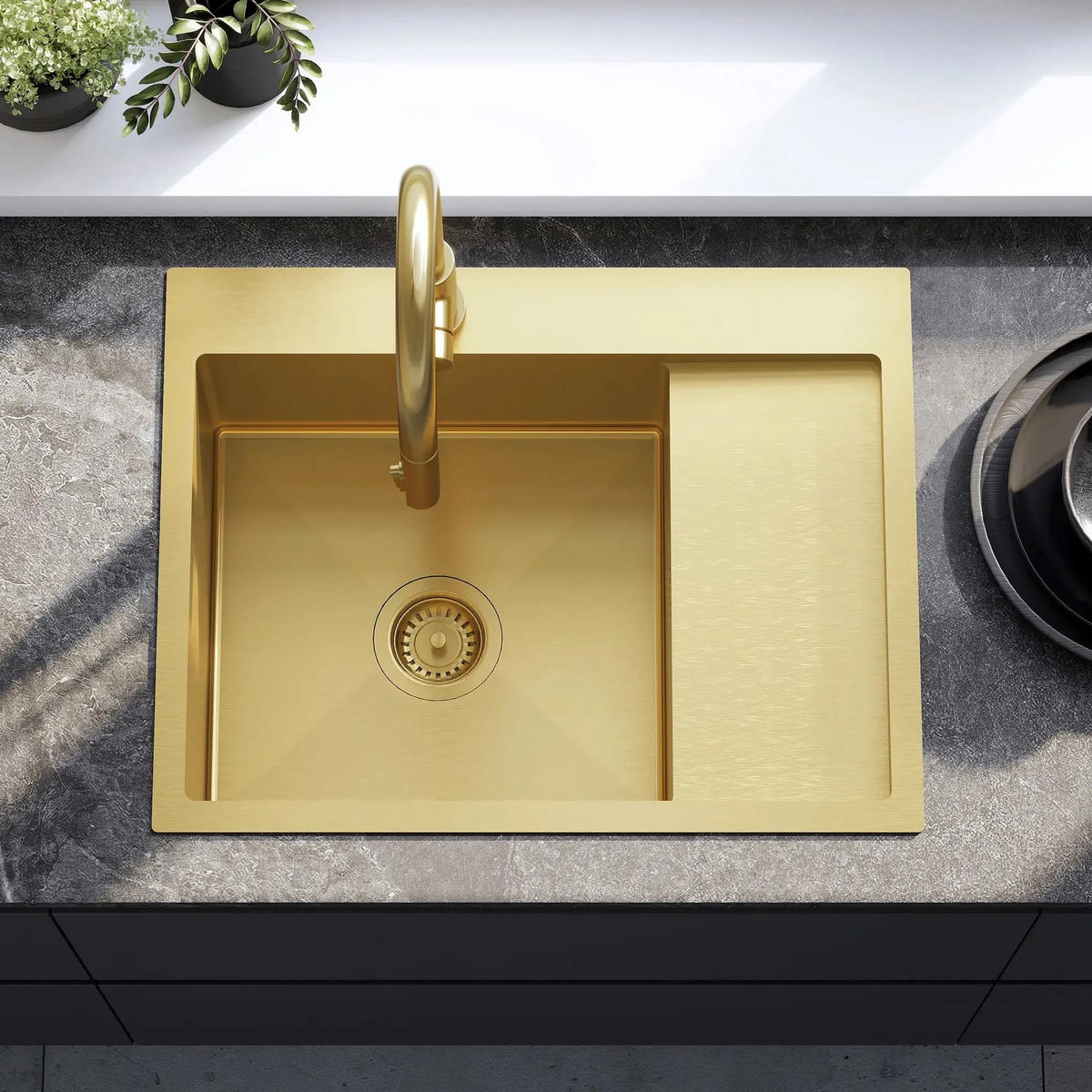 EDELSTAHLSPÜLE Rea Fin Brush Gold ohne Küchenarmatur - Goldfarben, Metall (48/19/62cm) - REA