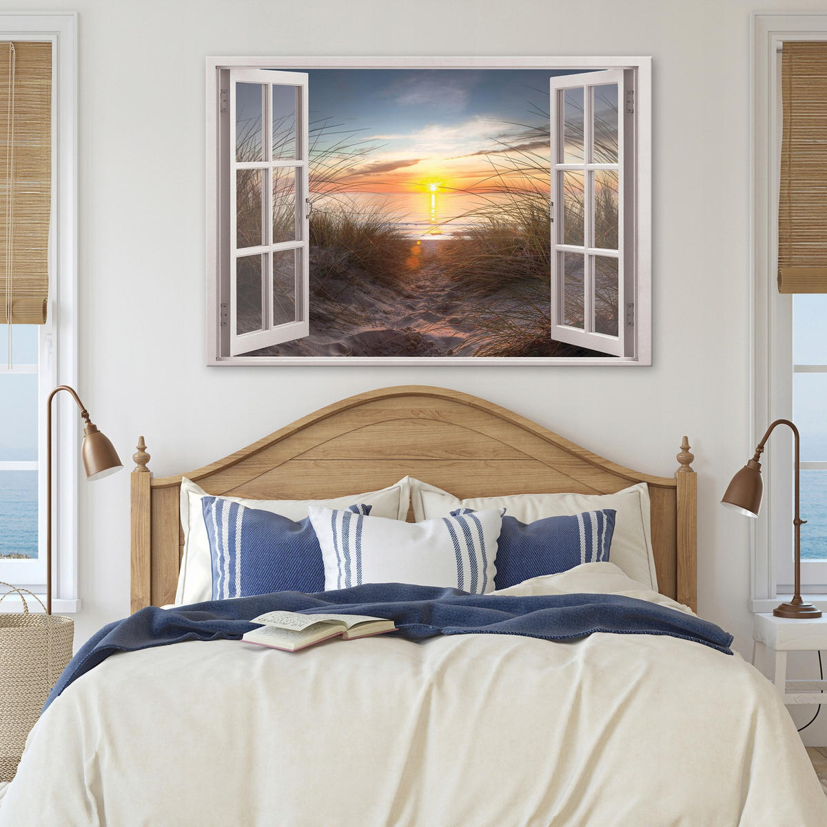 LEINWANDBILD Fenster Strand Meer Bilder 100x70 - Multicolor, Holzwerkstoff (100/70cm) - Wallarena