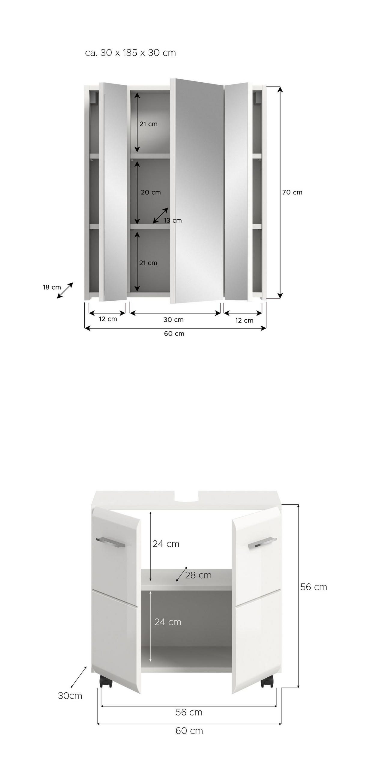 BADKOMBINATION AUF ROLLEN Ice weiß hochglanz 60/30/185 cm - Weiß, Holzwerkstoff (60/185/30cm) - Xonox