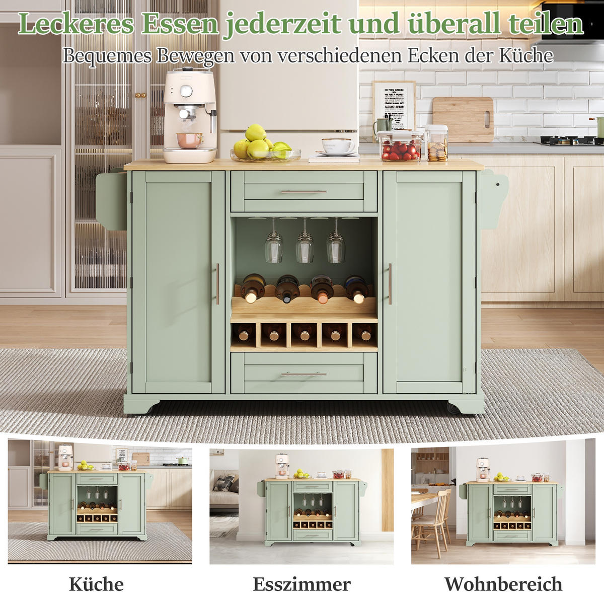 KÜCHENINSEL auf Rollen 138/45(70)/92 cm Antikgrün mit Klappplatte, Weinregal, Glashalter und Gewürzregal - Salbeigrün, Holz/Holzwerkstoff (70/92/138cm) - Oxeza