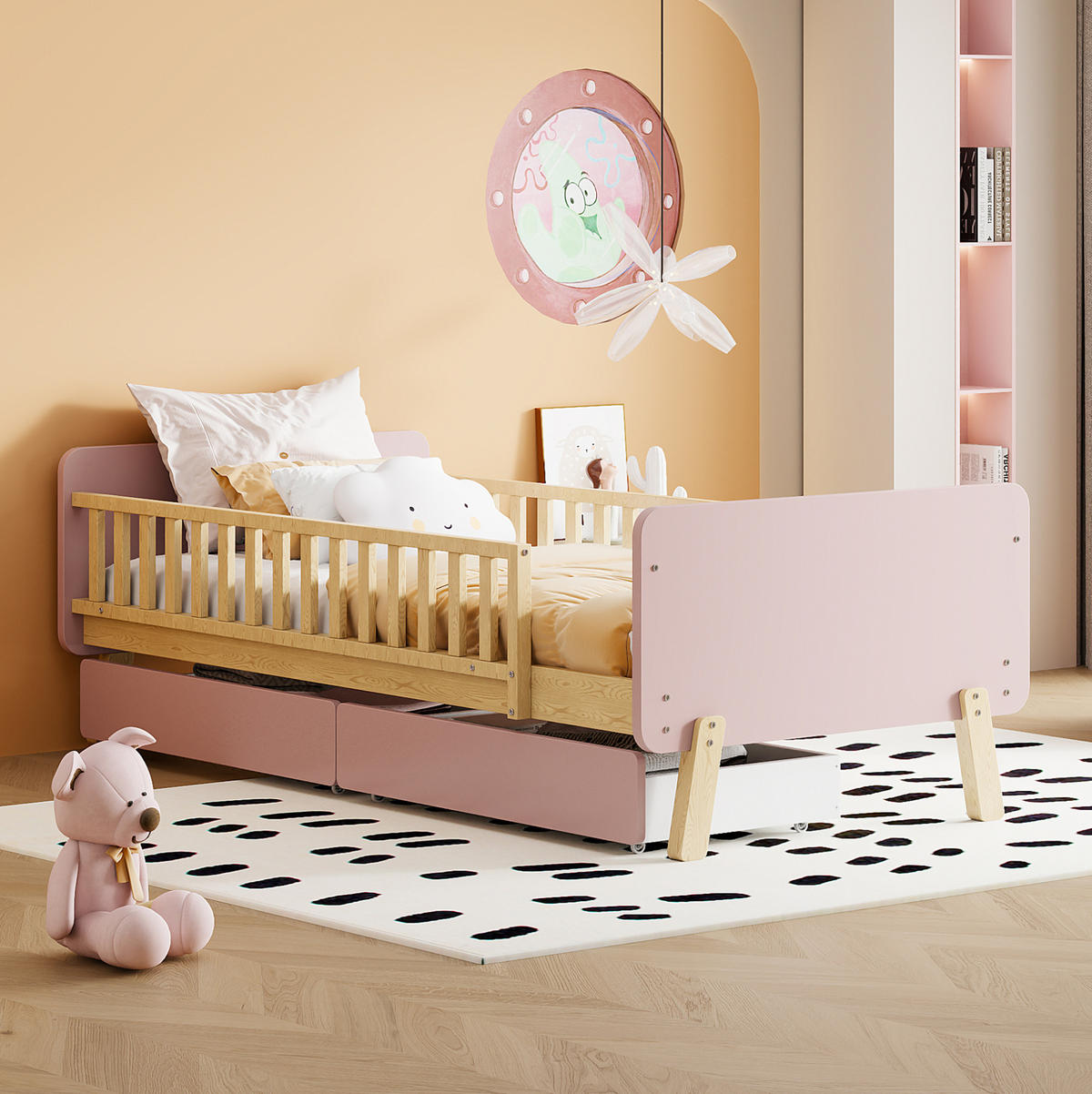 KINDEREINZELBETTEN aus Massivholz 90x190 cm in Rosa mit 2 Schubladen - Rosa, Holz (90/190cm) - Modfu