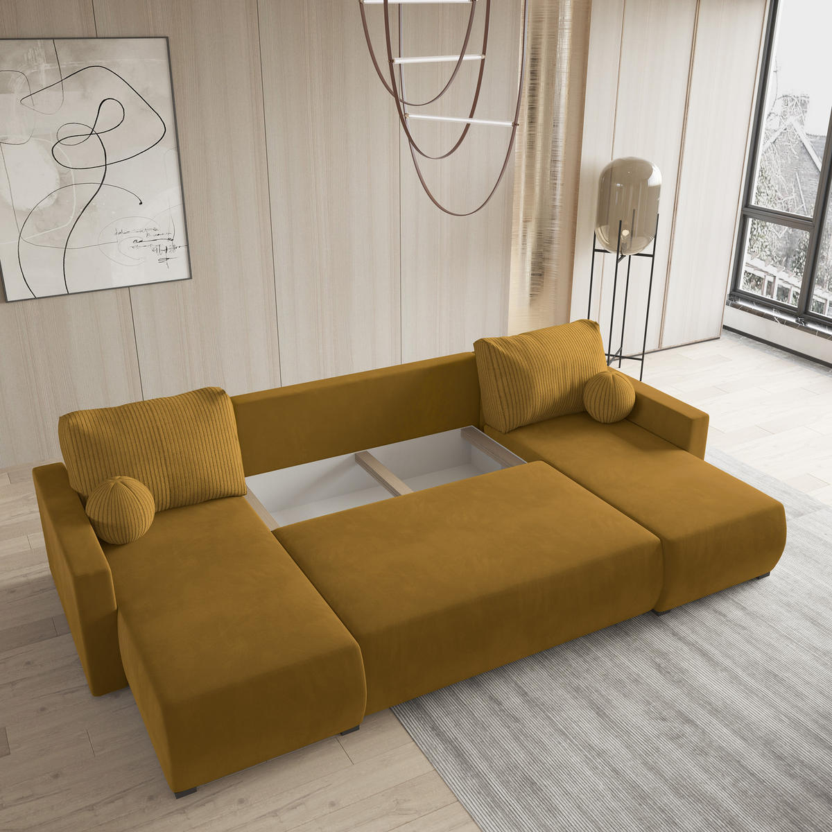 WOHNLANDSCHAFT TESSUN Gelb Plüsch-Stoff mit Schlaffunktion - Gelb, Holz (286/85/143cm) - MASSENO