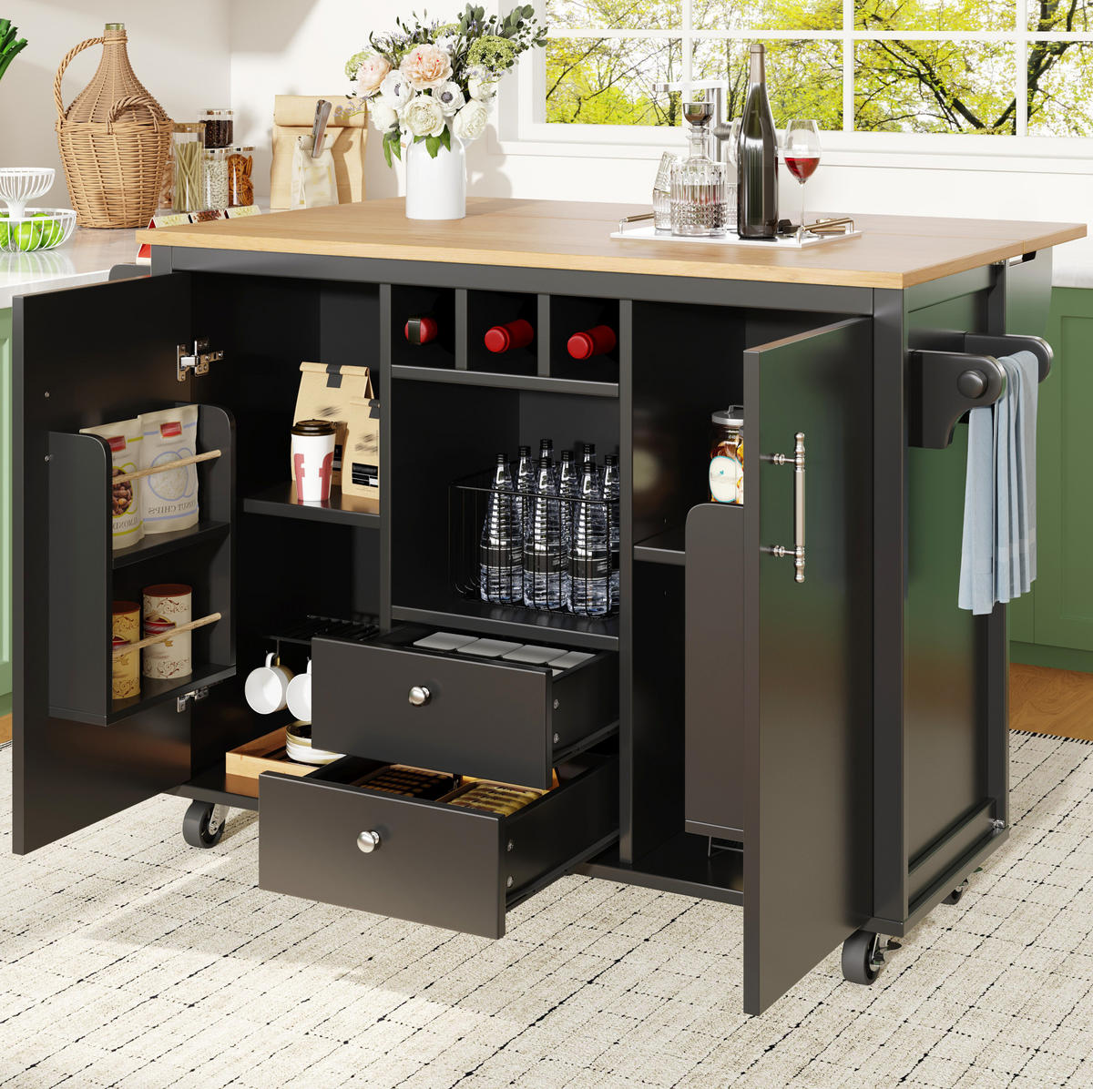 KÜCHENINSEL 137,9/92/73 cm Schwarz aus MDF und Metall mit Klapptisch - Schwarz, Holzwerkstoff (73/92.5/137.9cm) - OKMYHOME