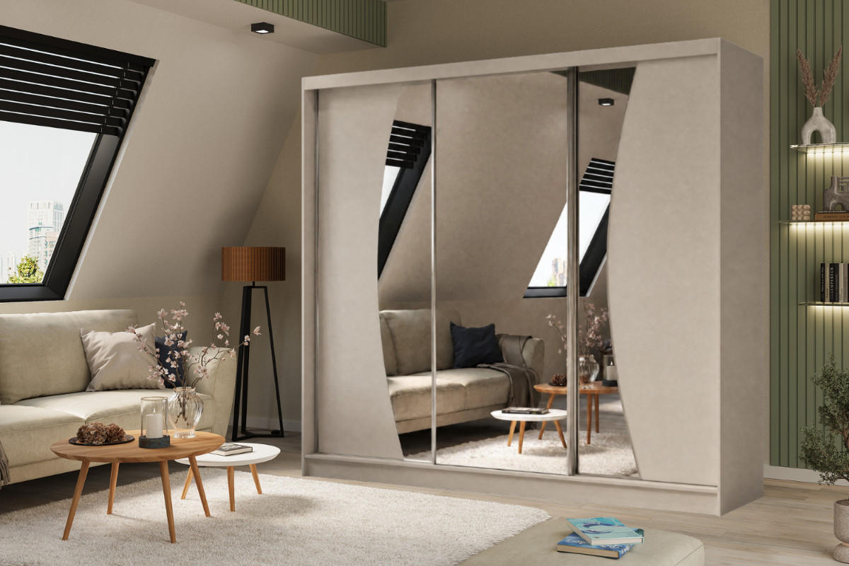 SCHWEBETÜRENSCHRANK Vex 240 cm mit Spiegel, 3-türig, kaschmir - Kaschmir, Kunststoff (240/216/61cm) - Margaret Hadas24