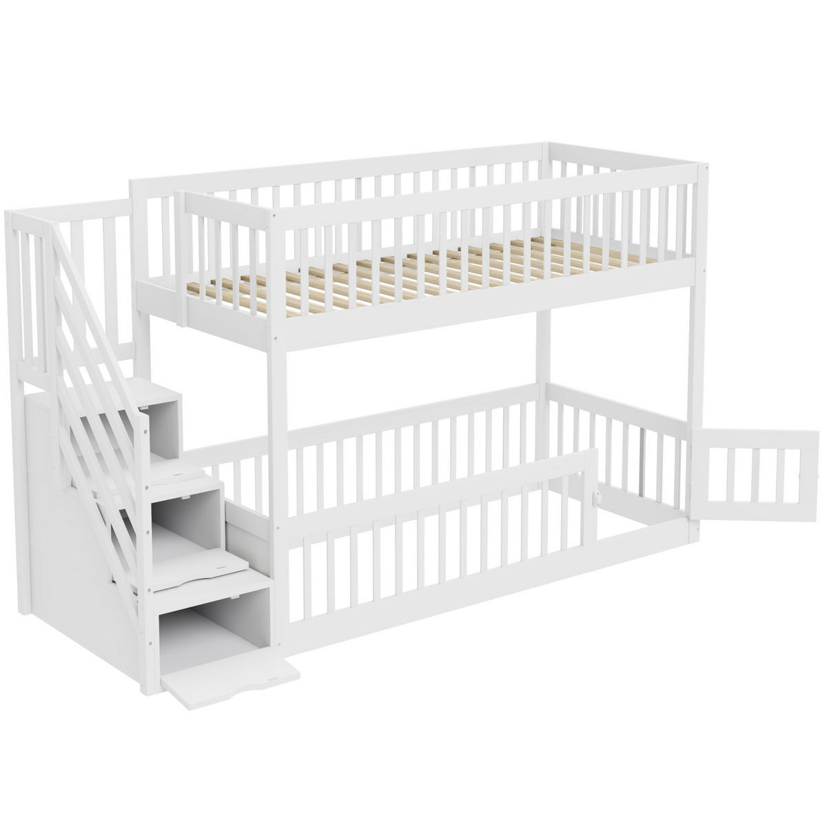 ETAGENBETT 90/200 cm mit Stauraumtreppe, Schubladen und Spielbereich, Weiß - Weiß, Holzwerkstoff (90/200cm) - Redom