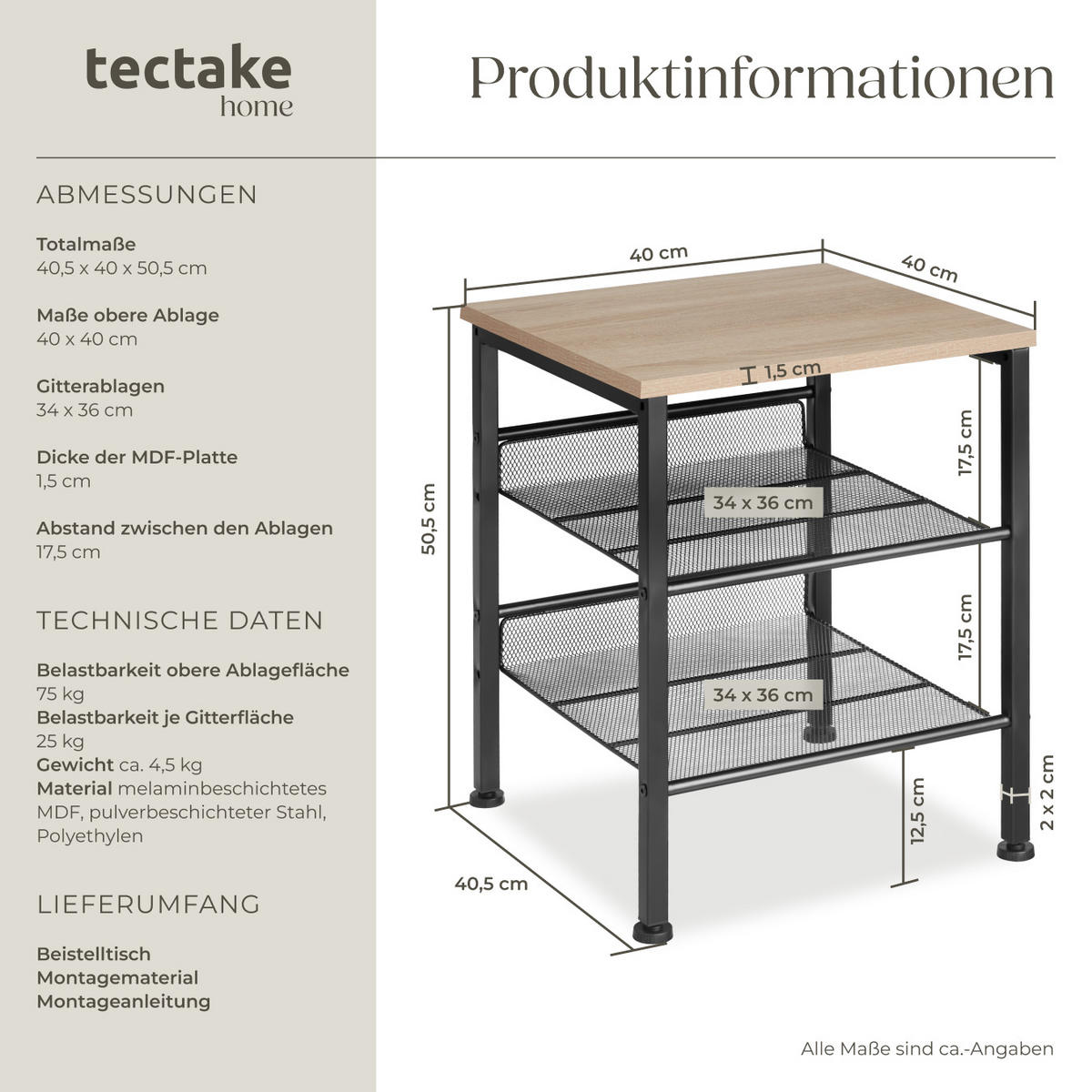 BEISTELLTISCH Lincoln,40,5 x 40 x 50,5 cm,Industrial Holz hell, Eiche Sonoma - Naturfarben, Holz (40.5/40/50.5cm) - tectake