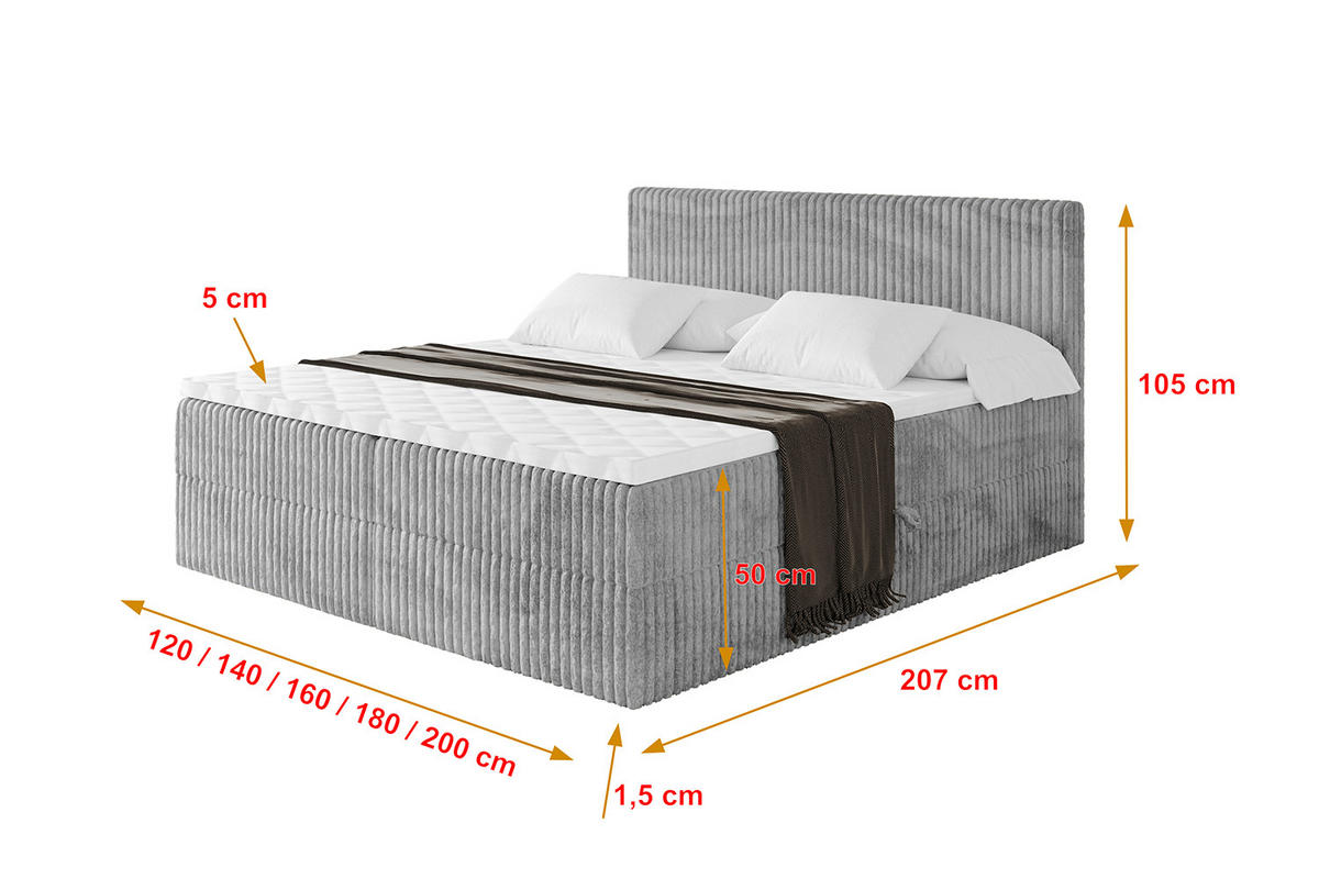 BOXBETT mit Matratze H4 und Lattenrost - TOLO - 140x200 Cord - Hellgrau - Hellgrau, Holzwerkstoff/Kunststoff (140/200cm) - ALTDECOR