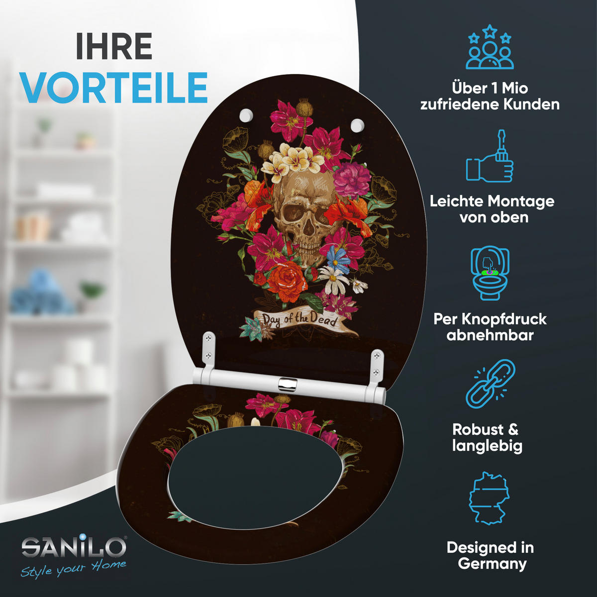 WC-SITZ mit Absenkautomatik & Top Fix Day of the Dead - Schwarz, Holzwerkstoff (37.7/5.5/48cm) - Sanilo