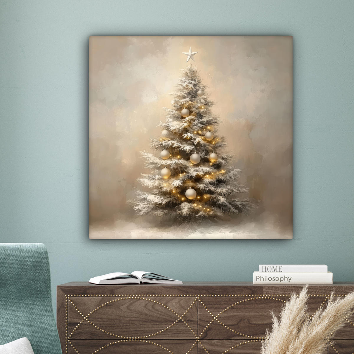 LEINWANDBILD Weihnachten - Weihnachtsbaum - Schnee - Kunst Deko Groß 90x90 cm - Champagner, Textil (90/90cm) - MuchoWow