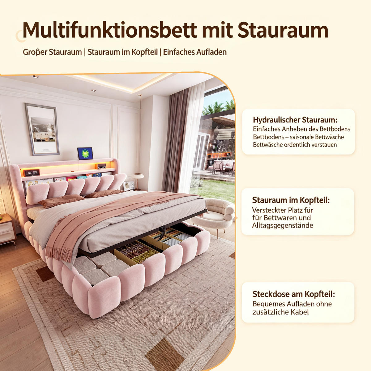BOXBETT 180/200 mit LED/USB-C, Samt, Rosa - Rosa, Holz (180/200cm) - LVHOM