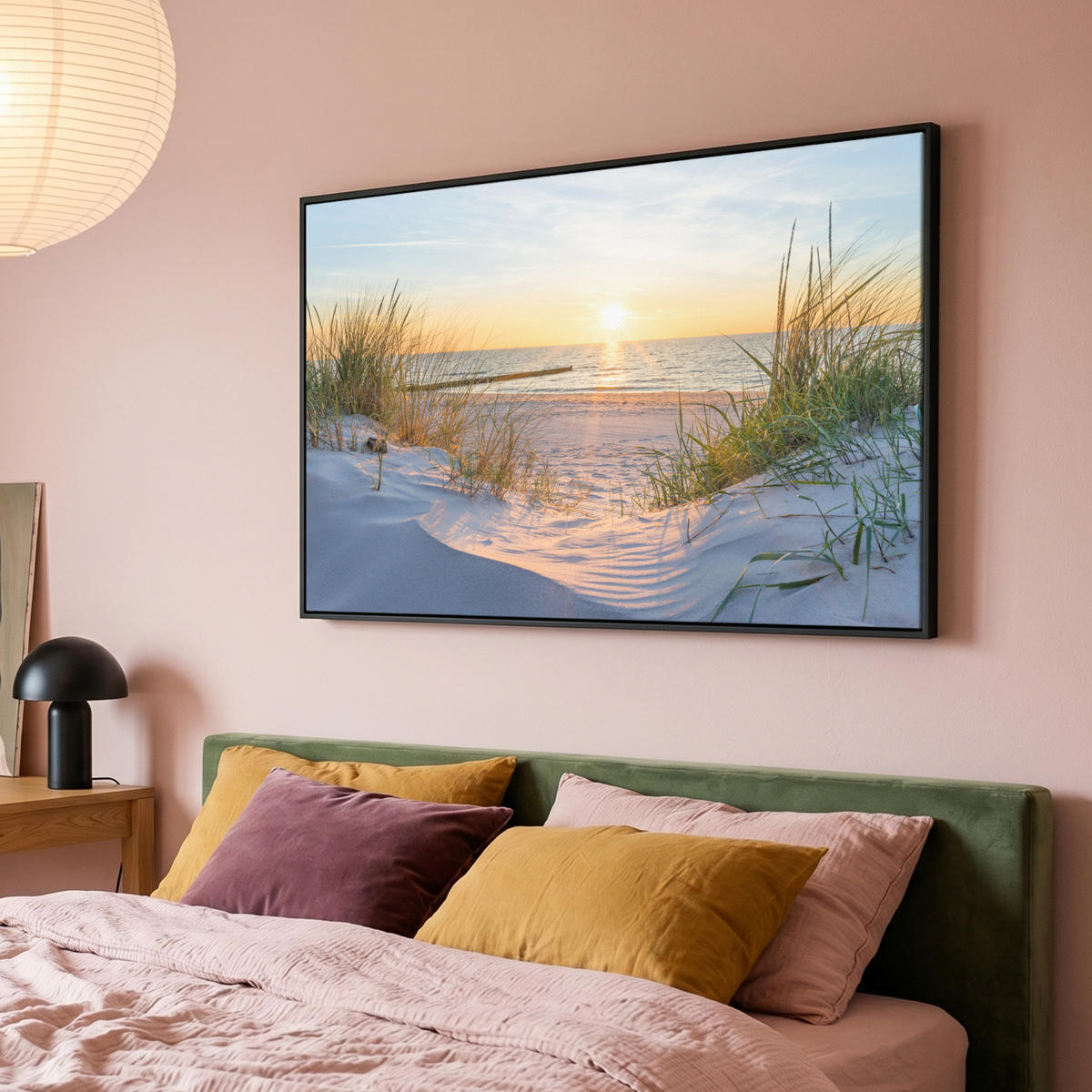 LEINWAND Bilder mit Rahmen - Strand - Sonne - Düne - Gras - Sand - Horizont - 150x100 - Hellblau, Textil (150/100cm) - MuchoWow