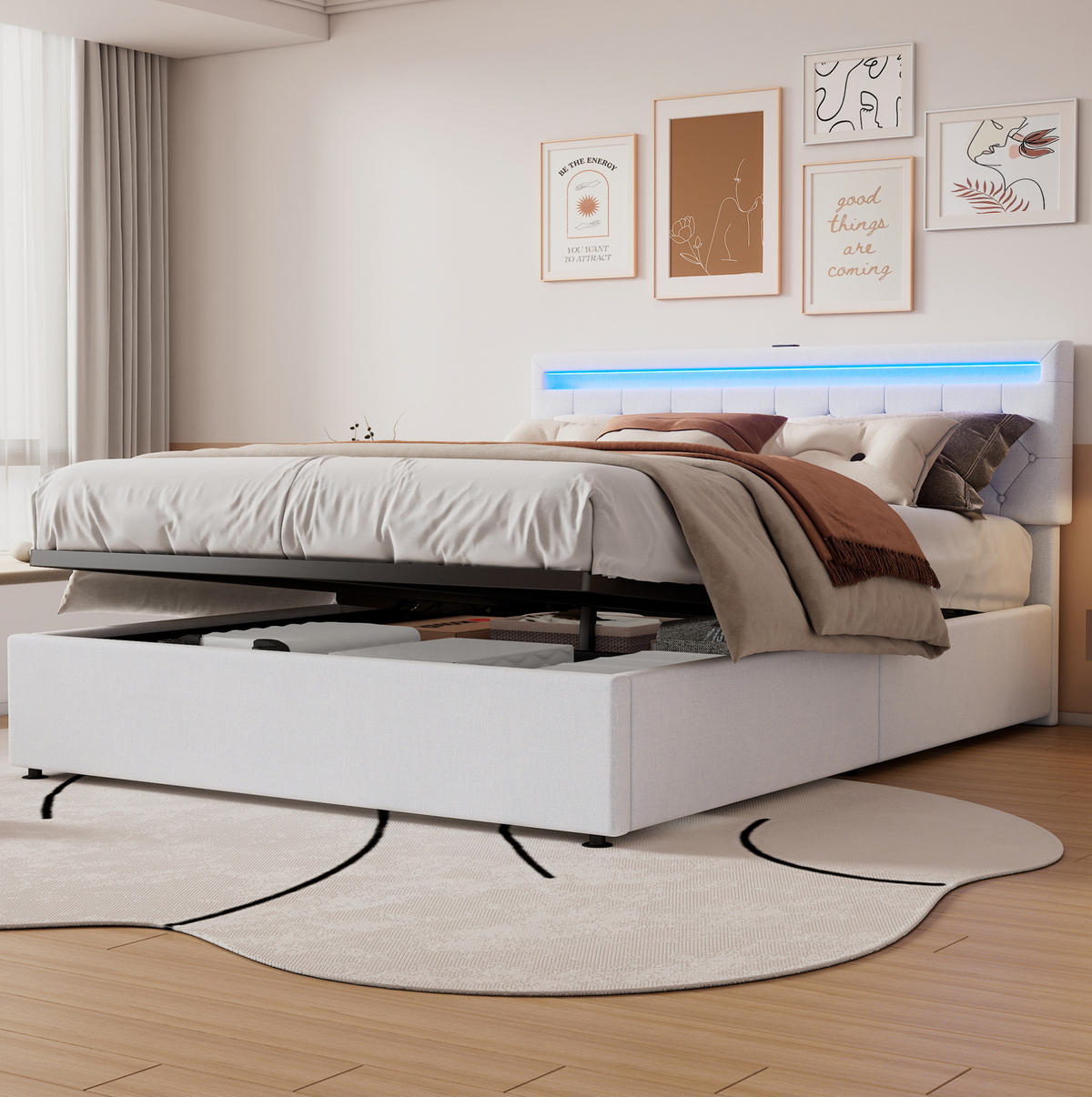 POLSTERBETT 160/200 cm mit LED-Beleuchtung, USB- und USB-C-Anschluss, hydraulischem Stauraum, Leinen, Weiß - Weiß, Textil (160/200cm) - Redom