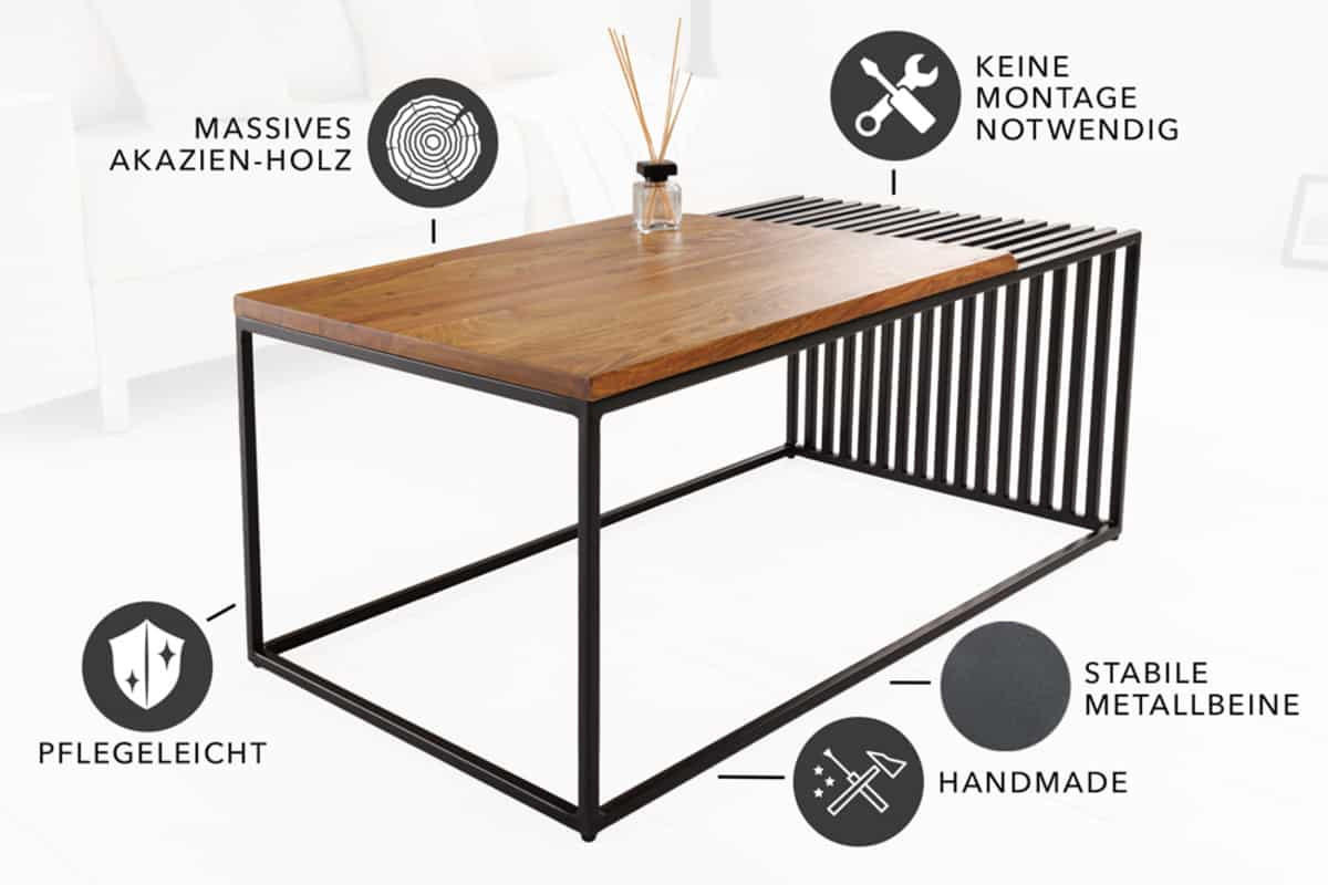 COUCHTISCH ARCHITECTURE Sheesham rechteckig Natur|Schwarz 100cm - Schwarz/Braun, Holz/Metall (55/100/40cm) - riess-ambiente