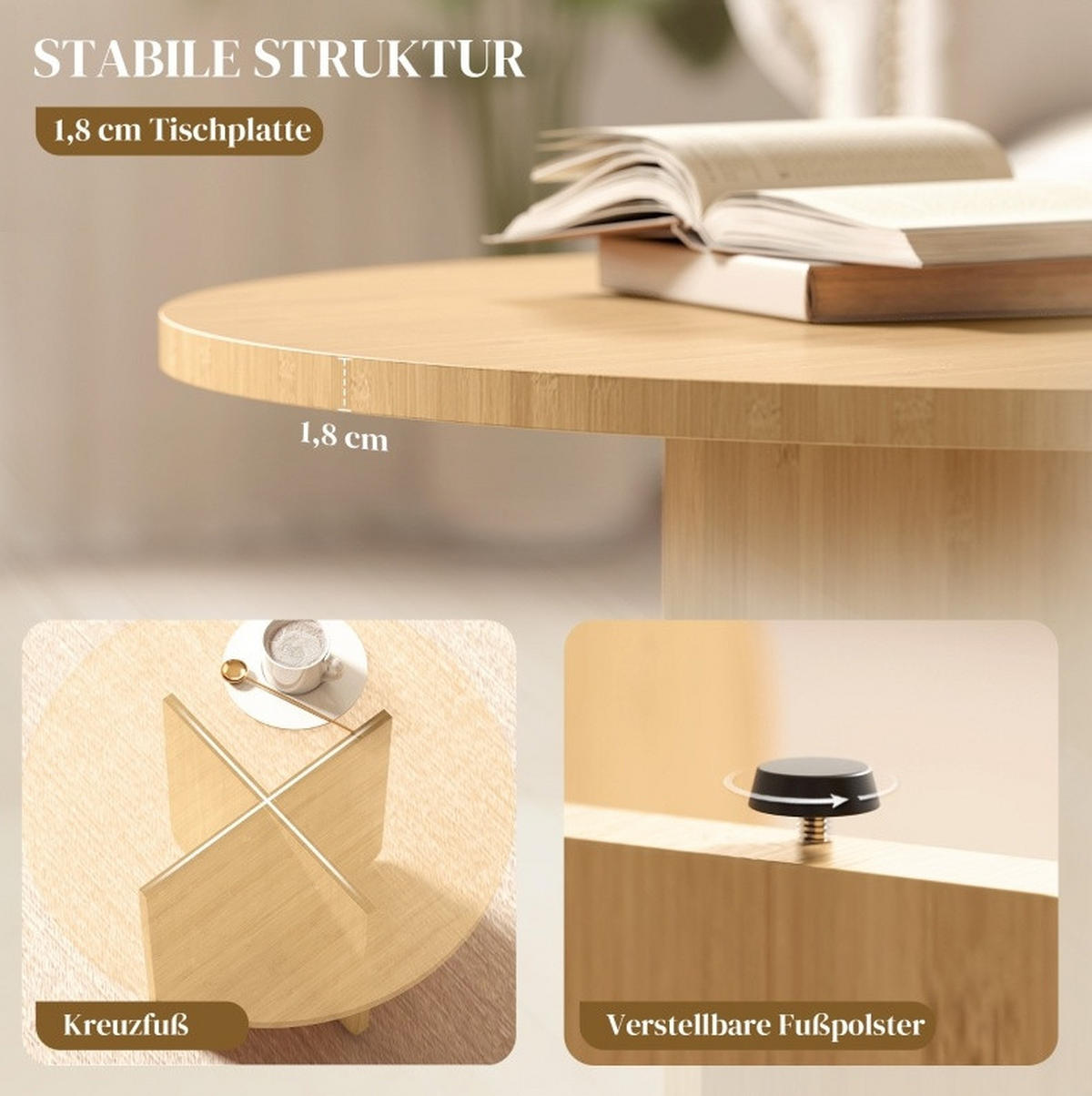 COUCHTISCH aus Bambus 66x66x45 cm in Natur mit Kreuzgestell - Naturfarben, Holzwerkstoff (66/66/45cm) - Modfu