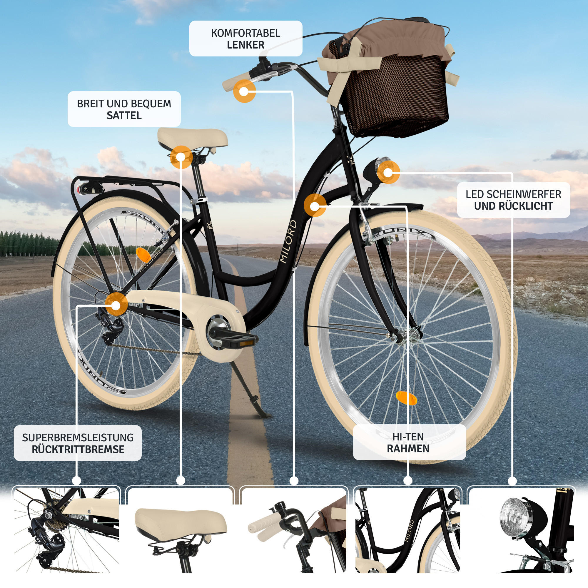 CITY-FAHRRAD Milord mit Metallkorb, 28 Zoll, Schwarz-Creme, 7-Gang - Creme/Schwarz, Metall (46cm) - Milordbikes