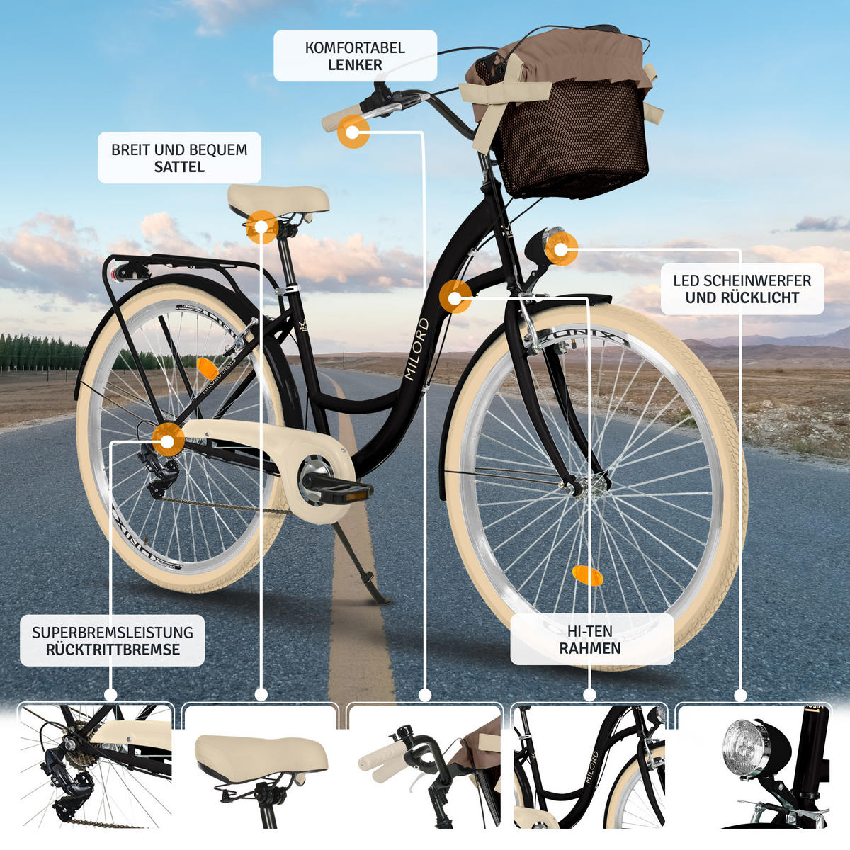 CITY-FAHRRAD Milord mit Metallkorb, 28 Zoll, Schwarz-Creme, 7-Gang - Creme/Schwarz, Metall (46cm) - Milordbikes