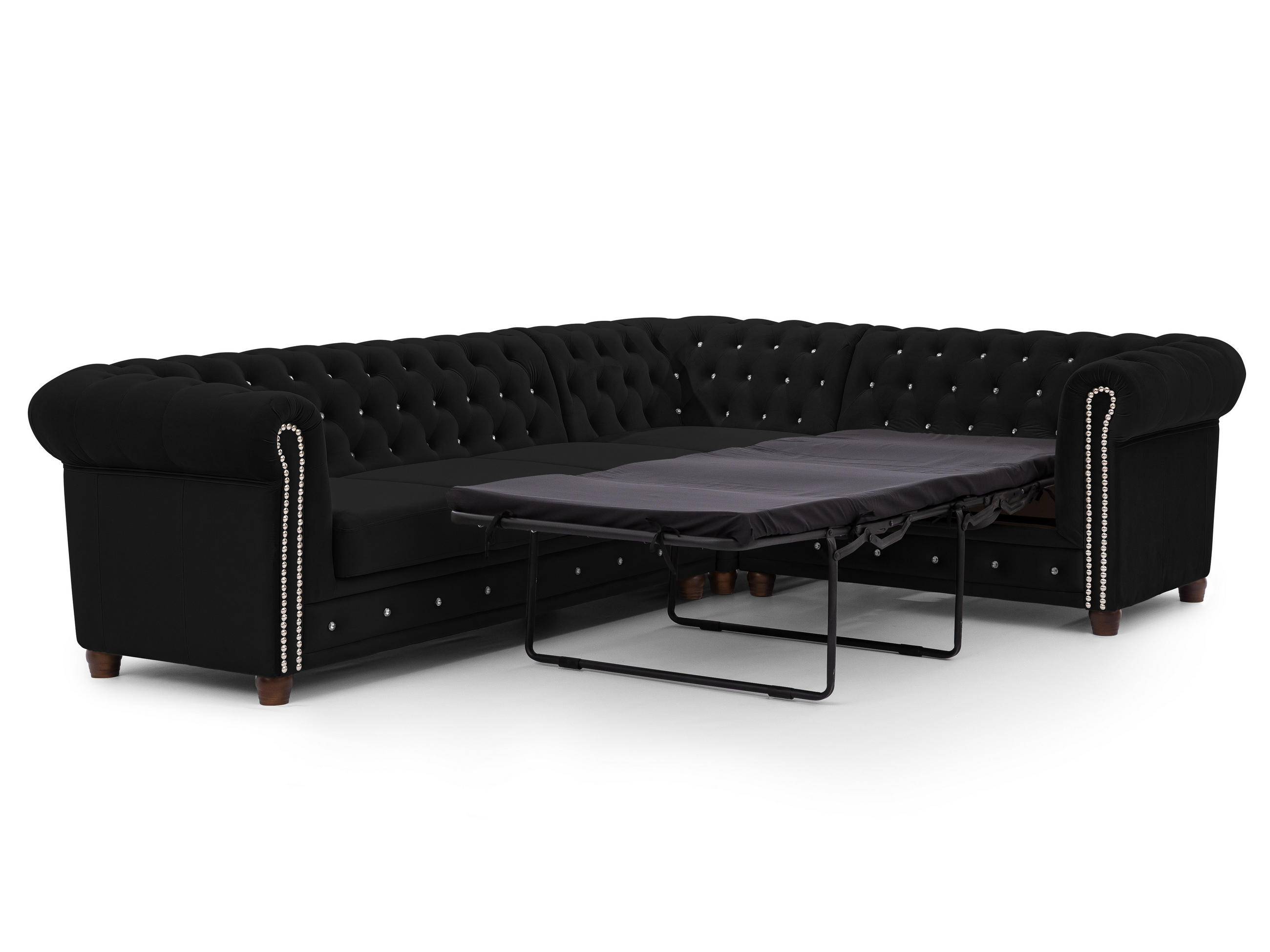 ECKSOFA mit Schlaffunktion Chesterfield Schwarz Samt mit Kristallsteppung und braunen Massivholzfüßen - Ottomane Rechts - Schwarz/Braun, Holz/Textil (264/210cm) - S-Style Möbel
