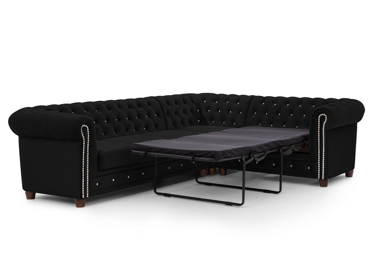 ECKSOFA mit Schlaffunktion Chesterfield Schwarz Samt mit Kristallsteppung und braunen Massivholzfüßen - Ottomane Rechts - Schwarz/Braun, Holz/Textil (264/210cm) - S-Style Möbel