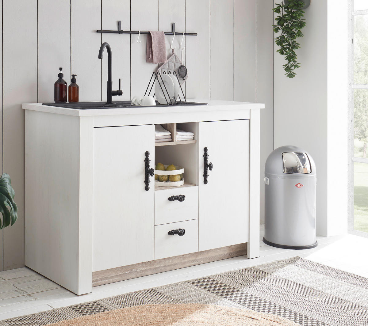 KÜCHENSCHRANK weiß Pinie Landhaus, Küche Unterschrank für Spüle oder Kochfeld, 129 x 92 cm, Soft-Close - Schwarz/Weiß, Holzwerkstoff/Metall (129/92/60cm) - Furn.Design