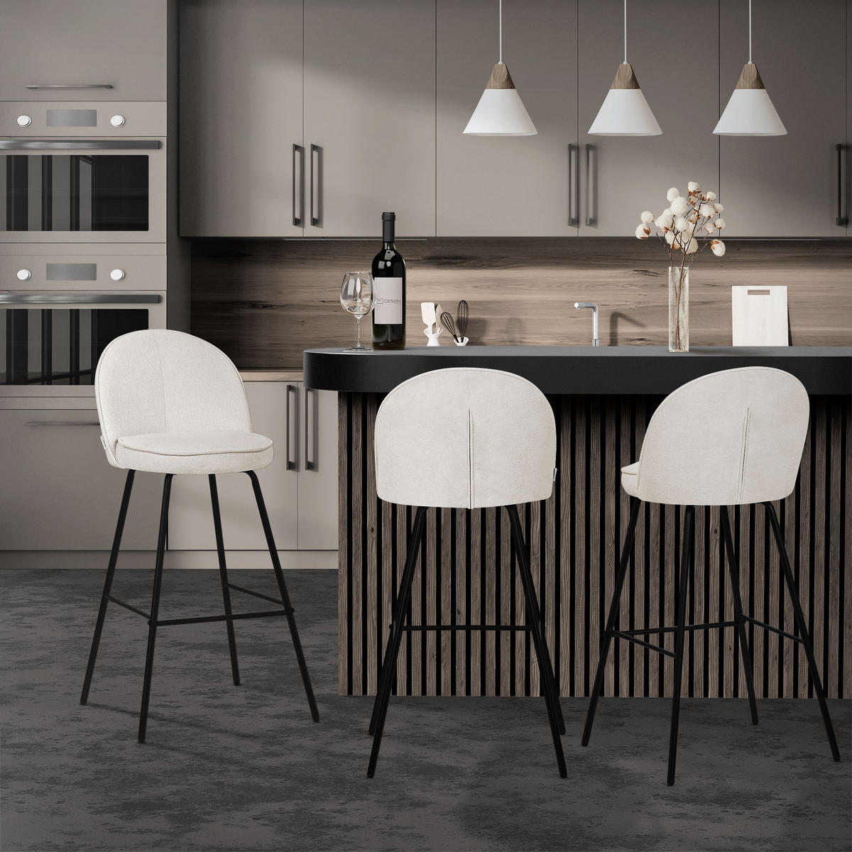 BARHOCKER 2er Set Beige mit Stoffbezug - Beige/Schwarz, Textil/Metall (52/102/50cm) - ML-DESIGN