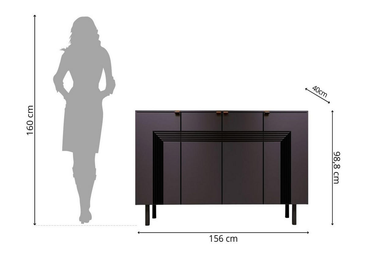 SIDEBOARD Yoko, Schwarz, Mit Dekorativen Fronten Und Goldgriffen - Schwarz, Holzwerkstoff/Buchenholz (156/99/40cm) - Dancan