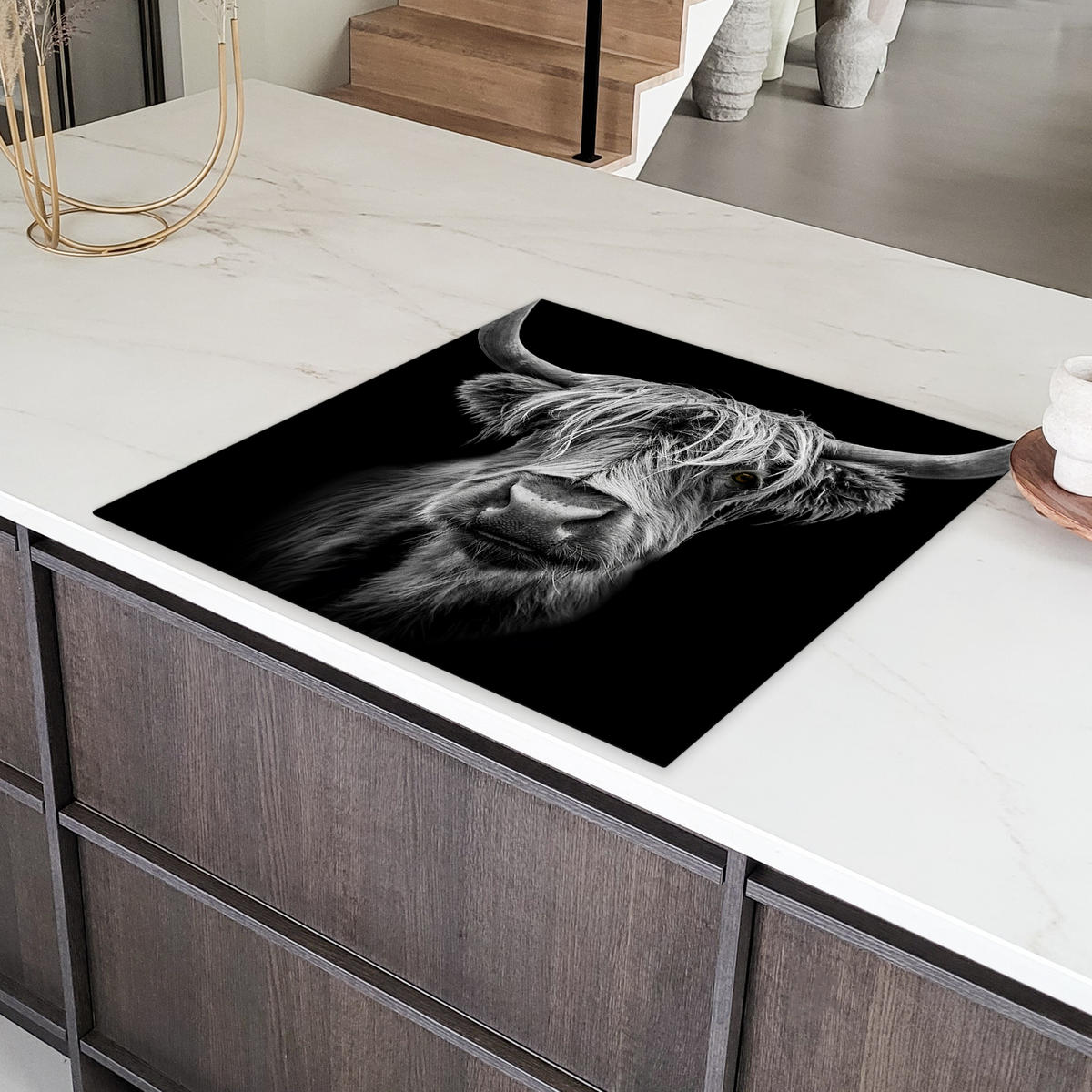 HERDABDECKPLATTE Schottischer Highlander - Hörner - Schwarz - Weiß - Kuh - Wild - Tiere Induktionsmatte 78x78 cm - Schwarz, Kunststoff (78/78/0.2cm) - MuchoWow