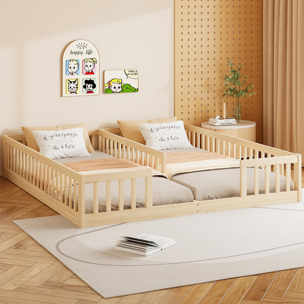 KINDERBETT aus Kiefer und MDF 90x200 cm Natur mit Lattenrost, Sicherheitsgitter und Platz für 2 Kinder - Naturfarben, Holzwerkstoff (90/200cm) - Modfu